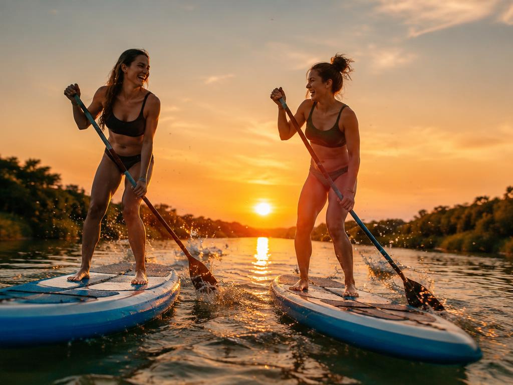 Two friends paddle boarding at sunset