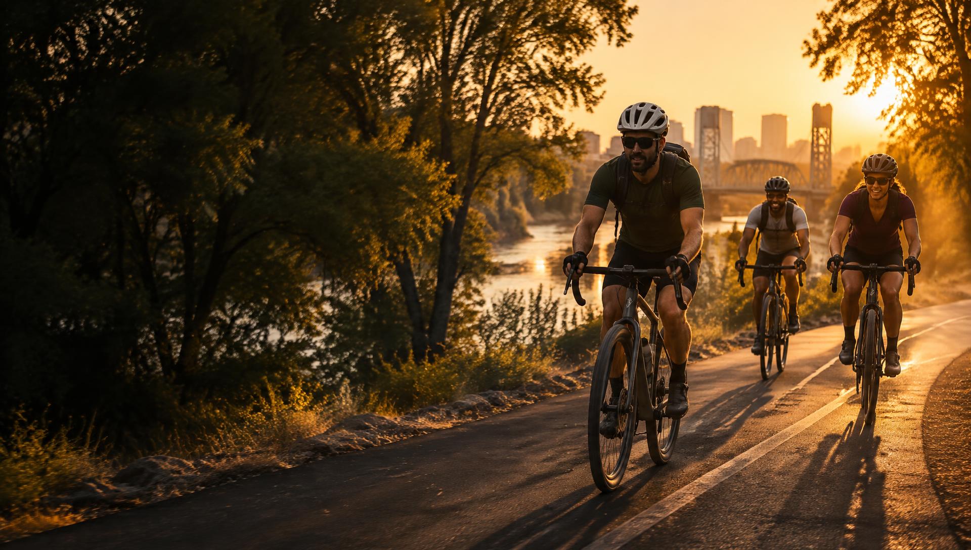 Three cyclists riding the American River Bike Trail at golden hour